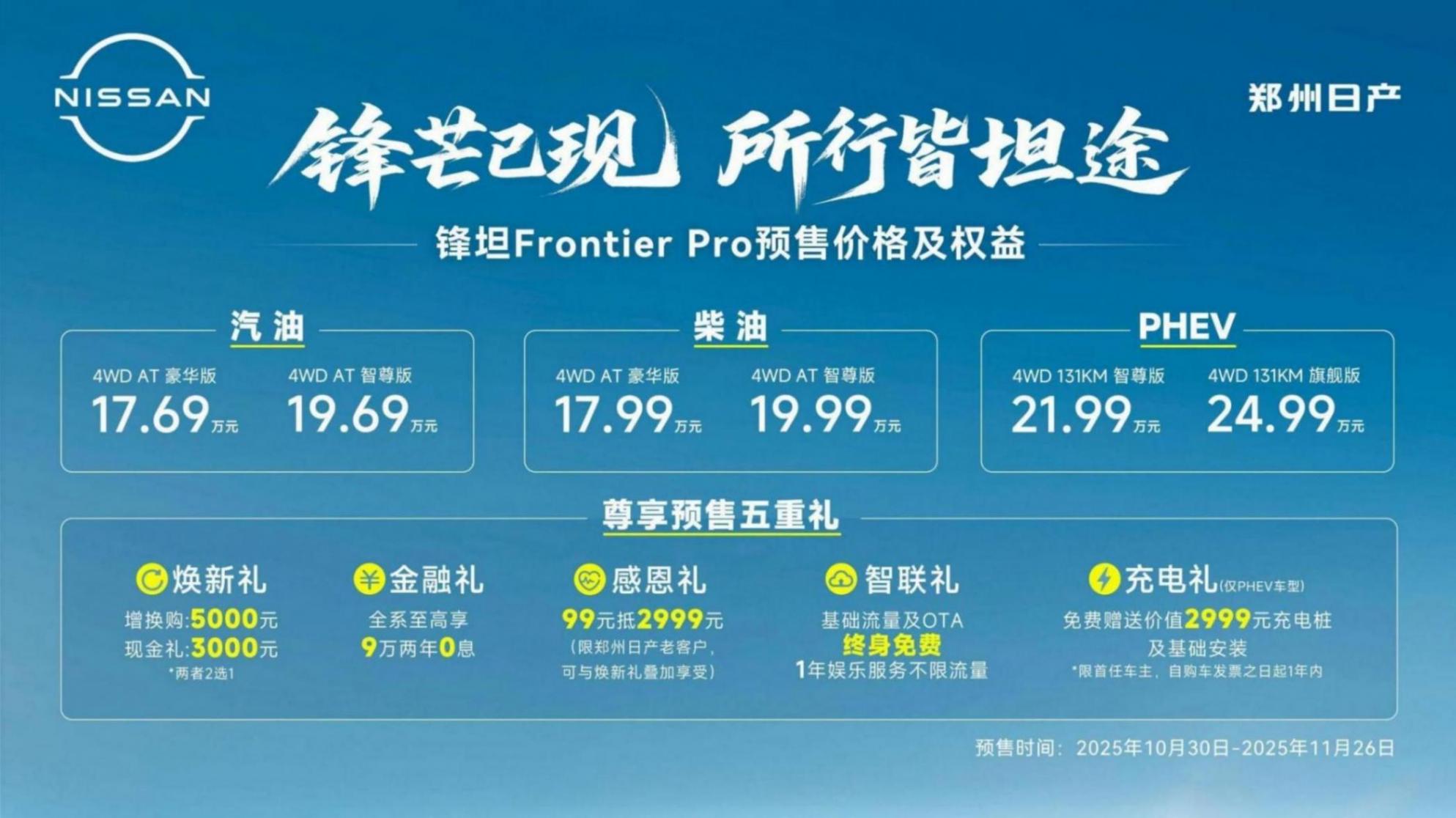 鄭州日產(chǎn)皮卡鋒坦開(kāi)啟預(yù)售,有汽油、柴油和插混三種動(dòng)力